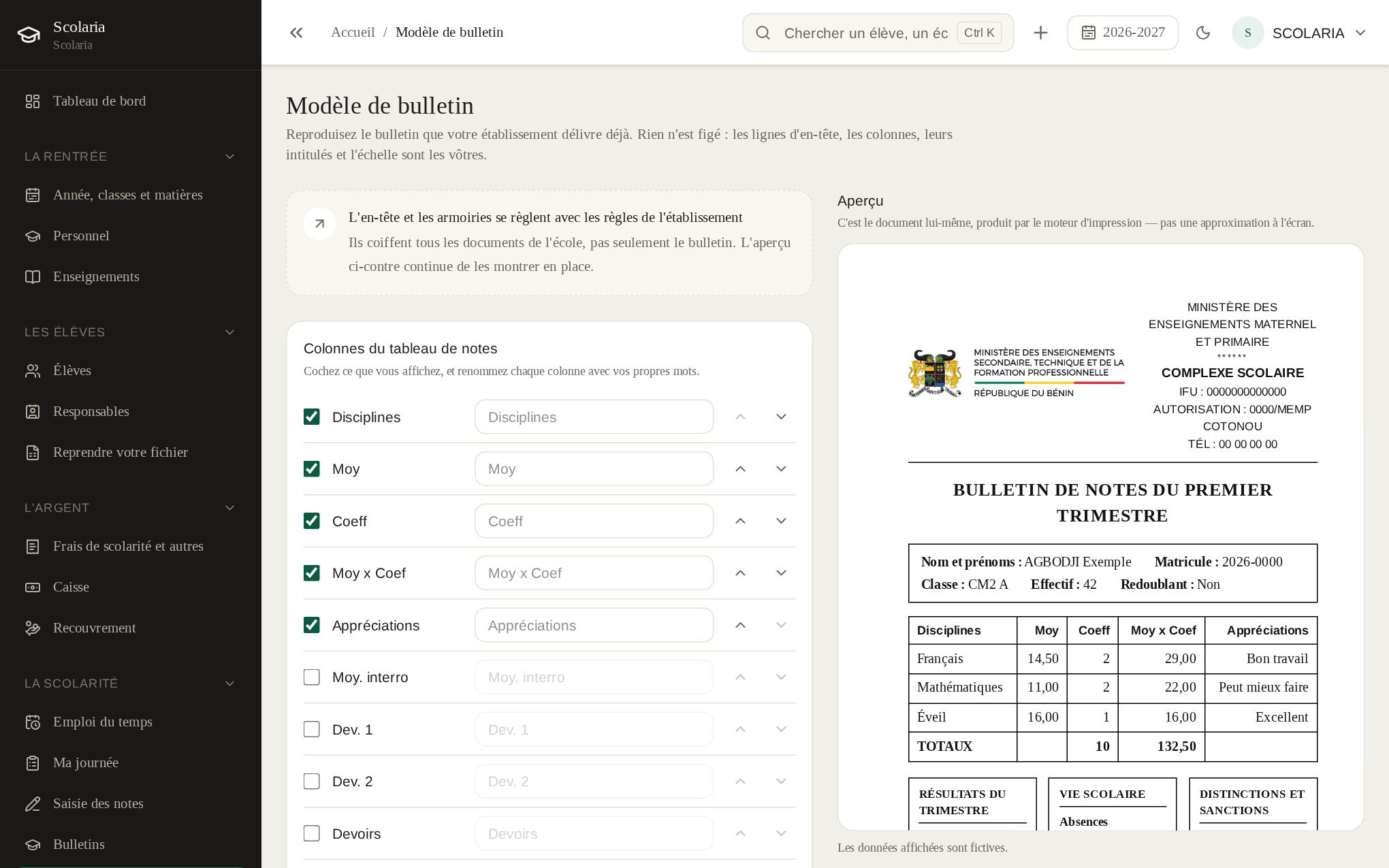 L'écran « Le modèle de bulletin » de Scolaria