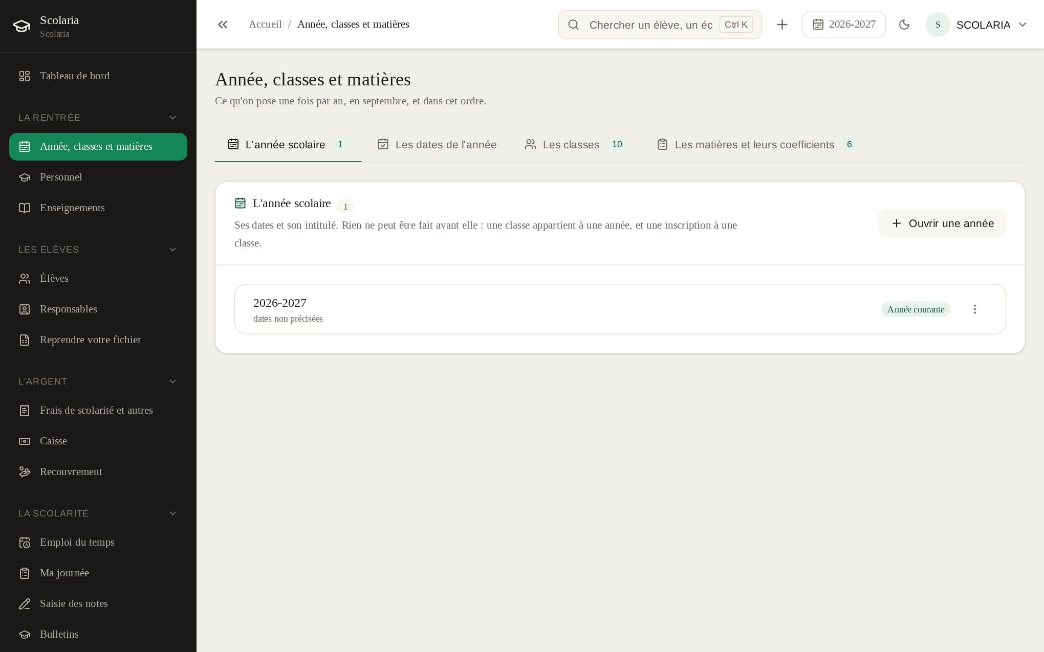 L'écran « Année, classes et matières » de Scolaria